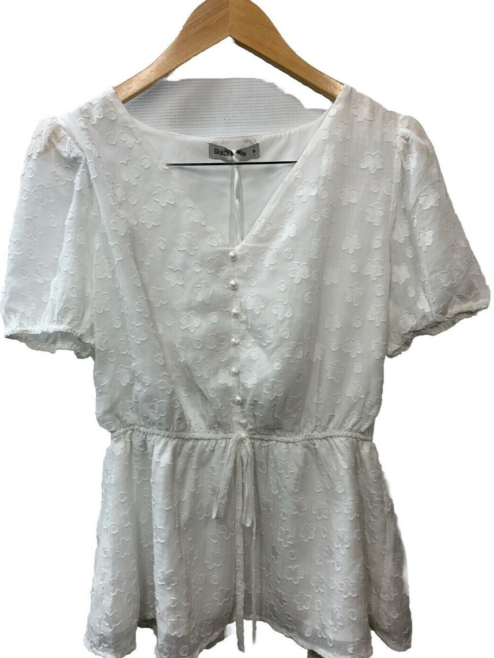 GRACE KARIN Blouse Women Swiss Dot A-Line Tops Short Sleeve V-Neck Size M White